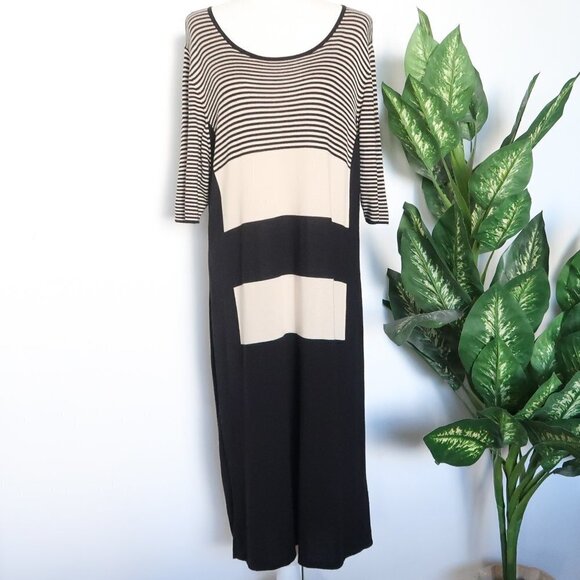 Marina Rinaldi Black Beige Viscose Wool Cashmere Striped Knit Shift Midi Dress - Picture 11 of 11
